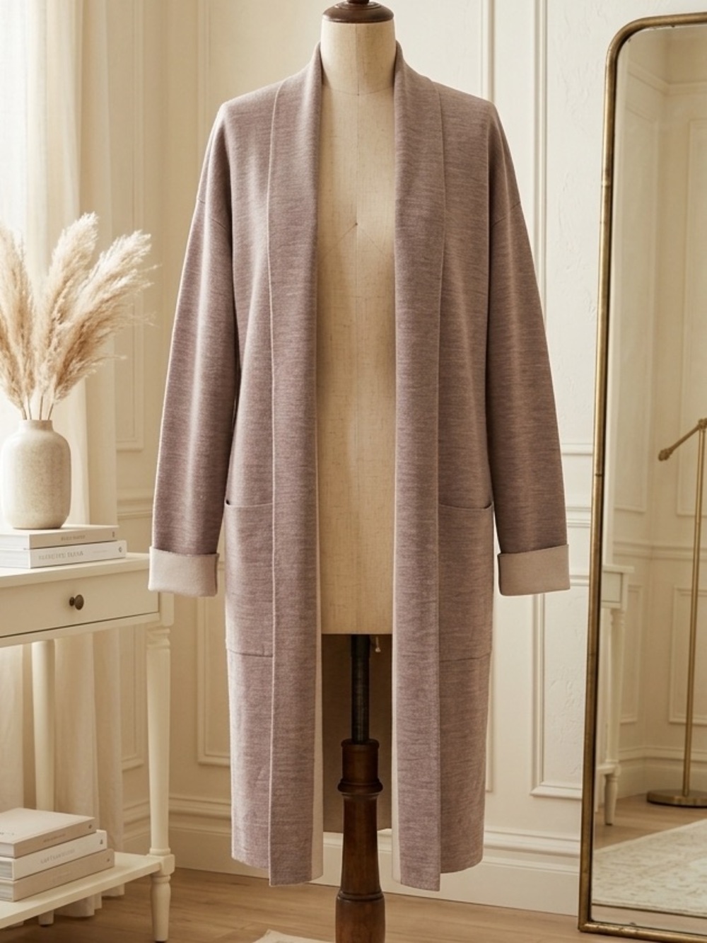 Theory| Open-Front Longline Double Wool Tan/Cream Cardigan Sz S